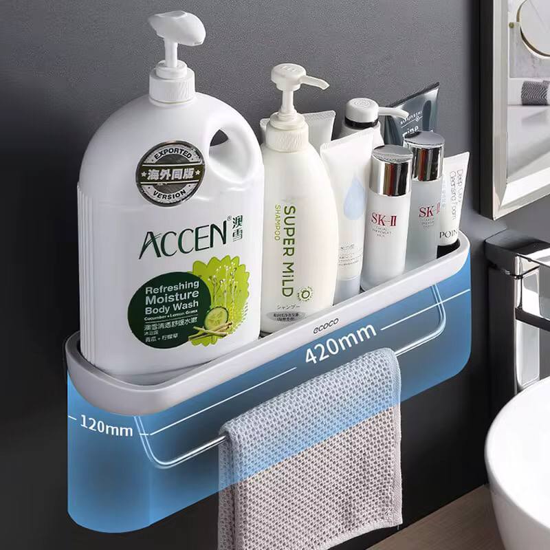 Wall mounted self adhesive shower caddy shelf with towel rail