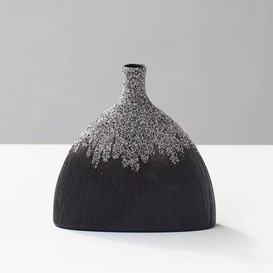 Modern Ceramic Vase - Fish-Tail Design in Matte Black & White, Handcrafted with Snow Powder