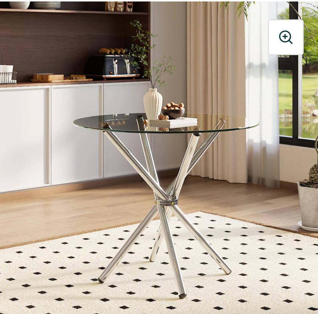 Round Glass Dining Table with Chrome Metal Legs