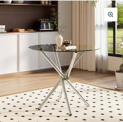Round Glass Dining Table with Chrome Metal Legs