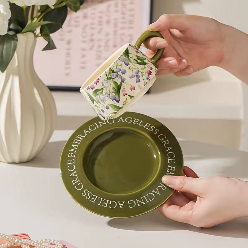 Elegant Retro Hand-printed peony Flower Coffee Cups & Saucers.