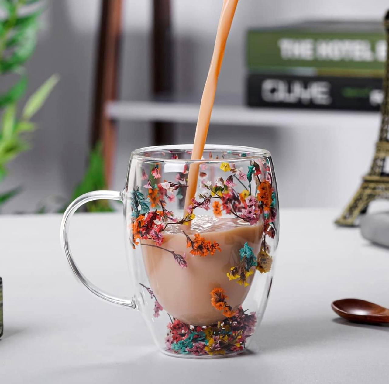 Double Wall Glass Coffee Mug with Colorful Floral Design – Heat Resistant Transparent Tea Cup with Handle, Elegant Insulated Glassware for Hot & Cold Drinks, 350ml