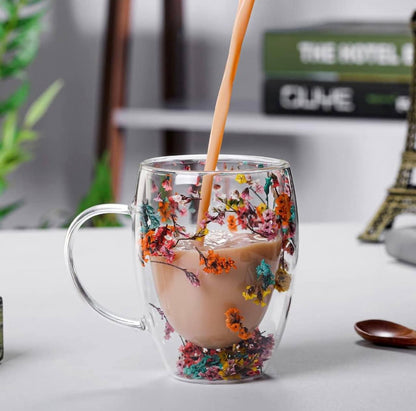 Double Wall Glass Coffee Mug with Colorful Floral Design – Heat Resistant Transparent Tea Cup with Handle, Elegant Insulated Glassware for Hot & Cold Drinks, 350ml