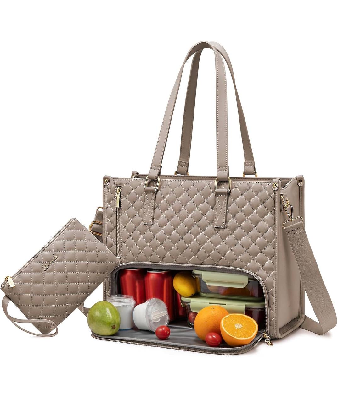 Quilted Large Capacity 15.6” Business Laptop Tote Bag with Insulated Lunch Compartment