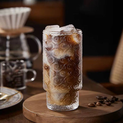 Embossed vintage Ribbed transparent Glass / iced coffe glass 6pc