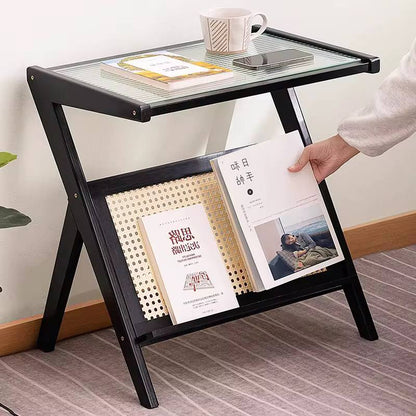 Modern Boho/Japanese pure solid bamboo side table with Glass top.