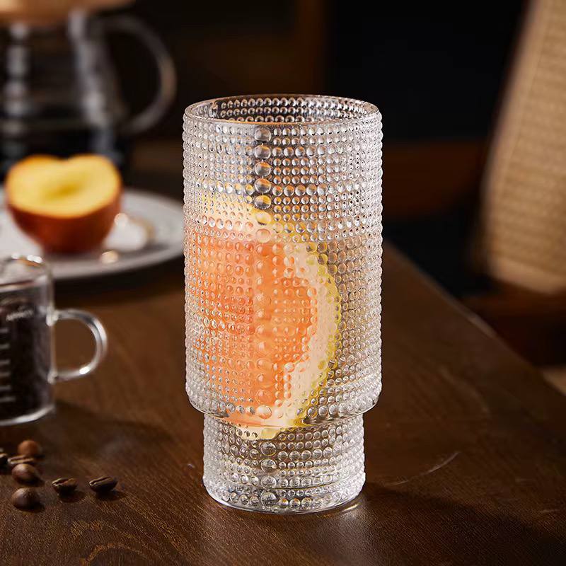 Embossed vintage Ribbed transparent Glass / iced coffe glass 6pc