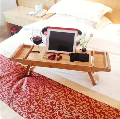 Expandable Bamboo Bathtub Caddy Tray / Breakfast Bed Table with Stands