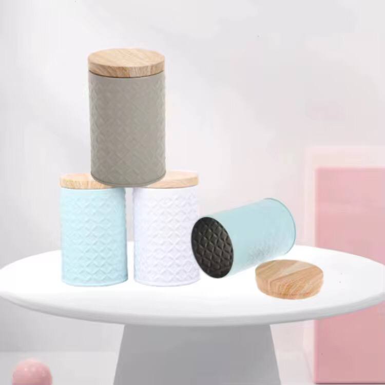 Round Wood Grain Tin Box Metal Storage Home Organizer Coffee Tea Cans DIY Candle Making Jar