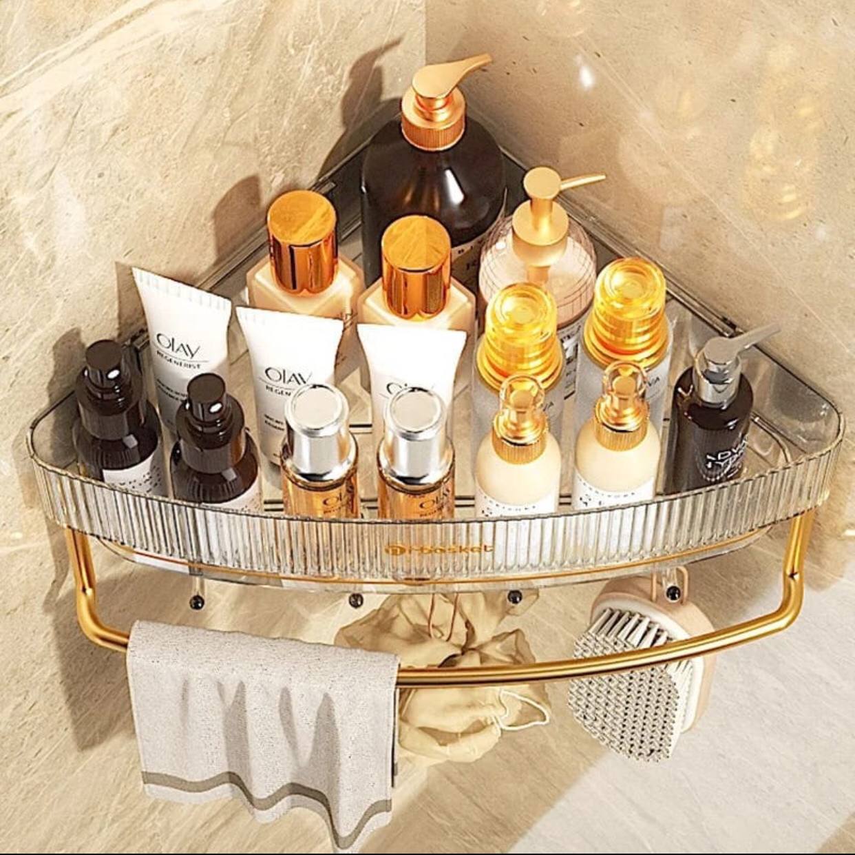 Acrylic Punch Free Bathroom Corner Shelf with towel bar and hooks