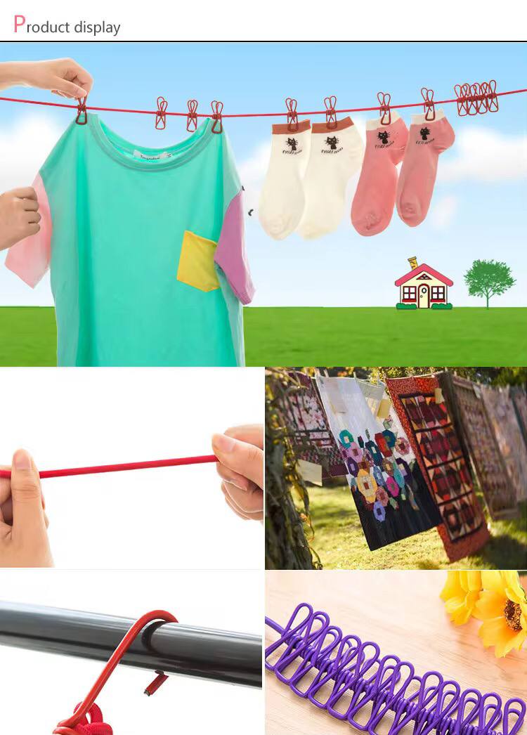 1.8M Outdoor Windproof Clothesline 10 Colors Portable Travel Stretchy Elastic Clothesline with Clamp Clips Hooks Outdoor Tools