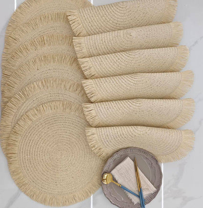 Luxurious woven round rattan Table mats/placemat
Size: 38cms
Colour: Dark brown, light brown and cream white