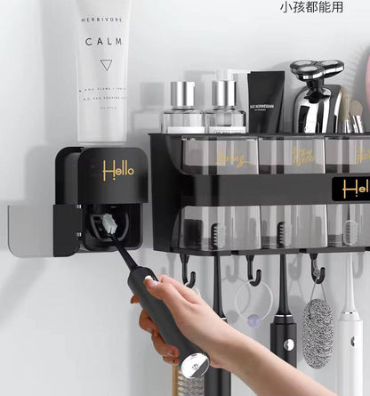 Hello family branded wall mounted toothbrush toothpaste dispenser set (4 cups 4 brush 4 slots 4 hooks 1 toothpastedispenser)