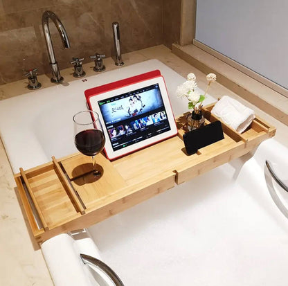 Expandable Bamboo Bathtub Caddy Tray / Breakfast Bed Table with Stands