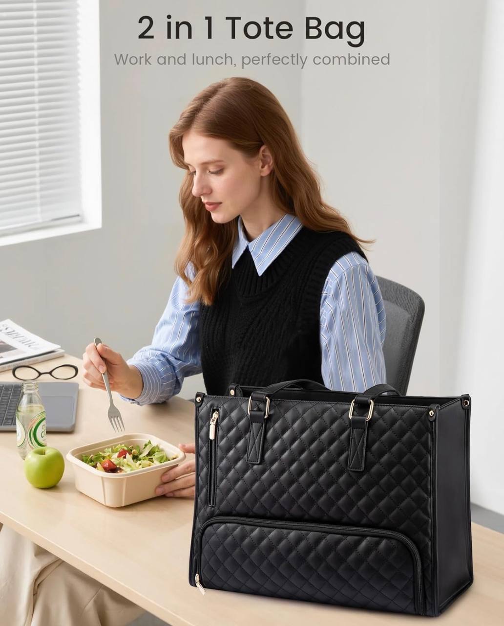 Quilted Large Capacity 15.6” Business Laptop Tote Bag with Insulated Lunch Compartment