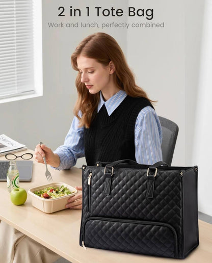 Quilted Large Capacity 15.6” Business Laptop Tote Bag with Insulated Lunch Compartment