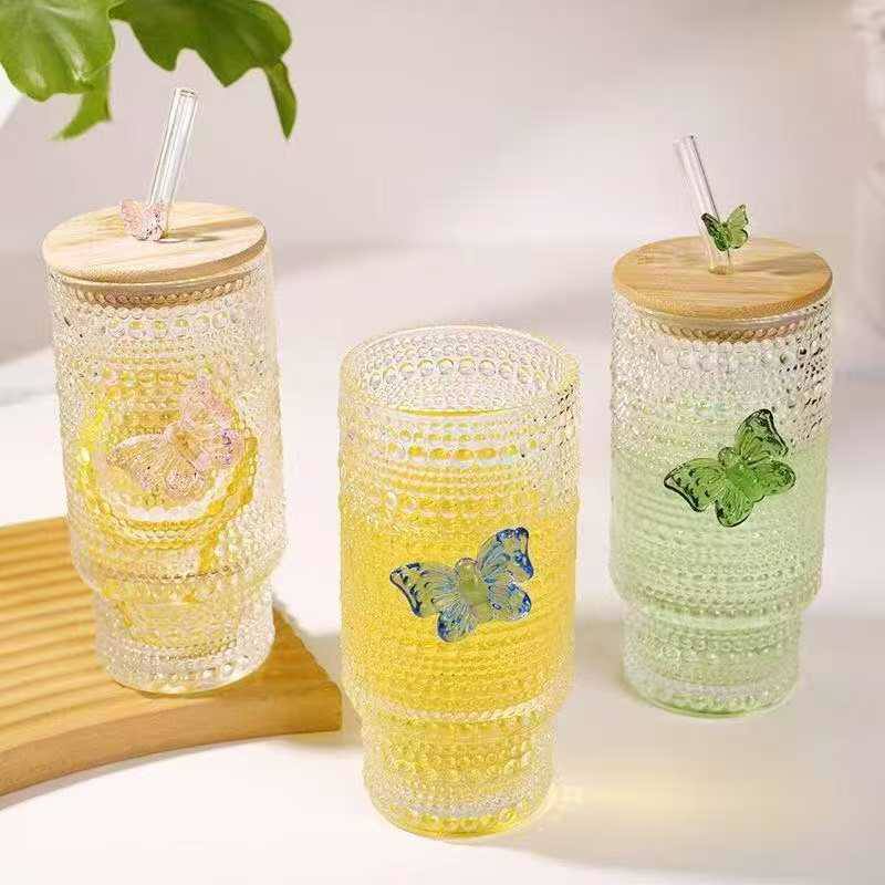 475ml Glass Cups with Lids and Straws, Vintage  Embossed tumbler