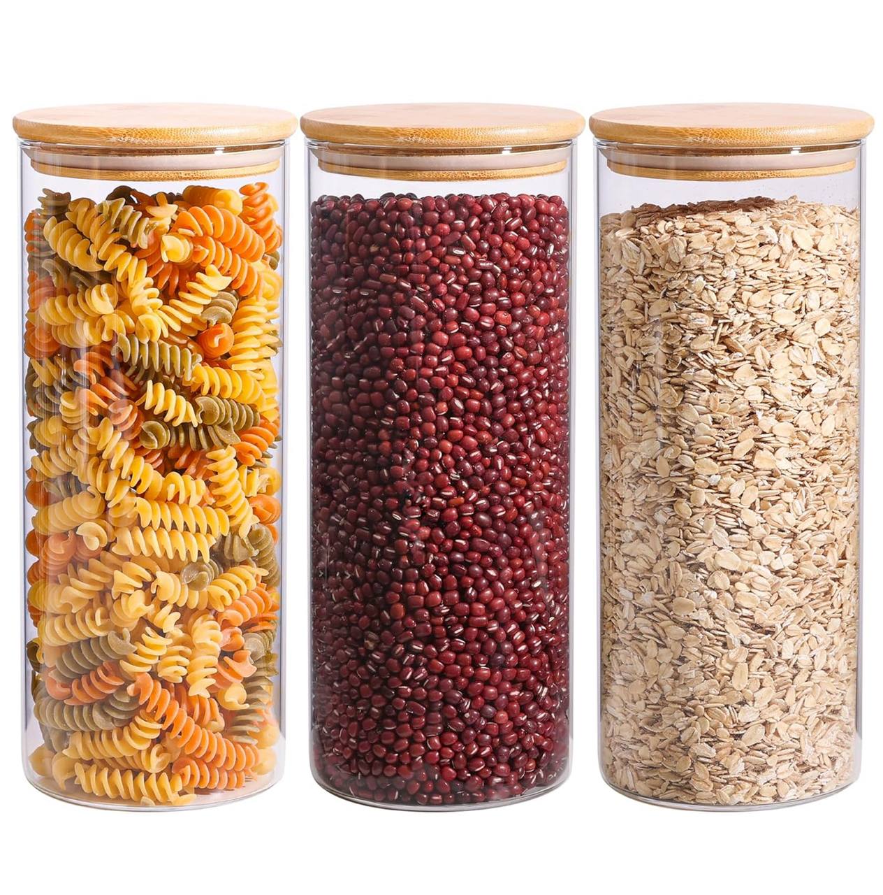 3pc Glass spaghetti/cereal jar with airtight Bamboo lid.