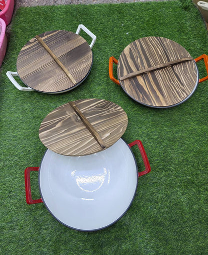 36cm Non-stick Enameled Cast iron Wok pan with wooden lid.