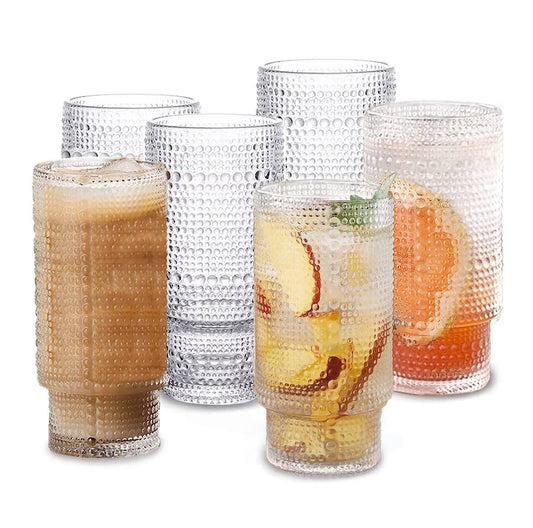 Embossed vintage Ribbed transparent Glass / iced coffe glass 6pc
