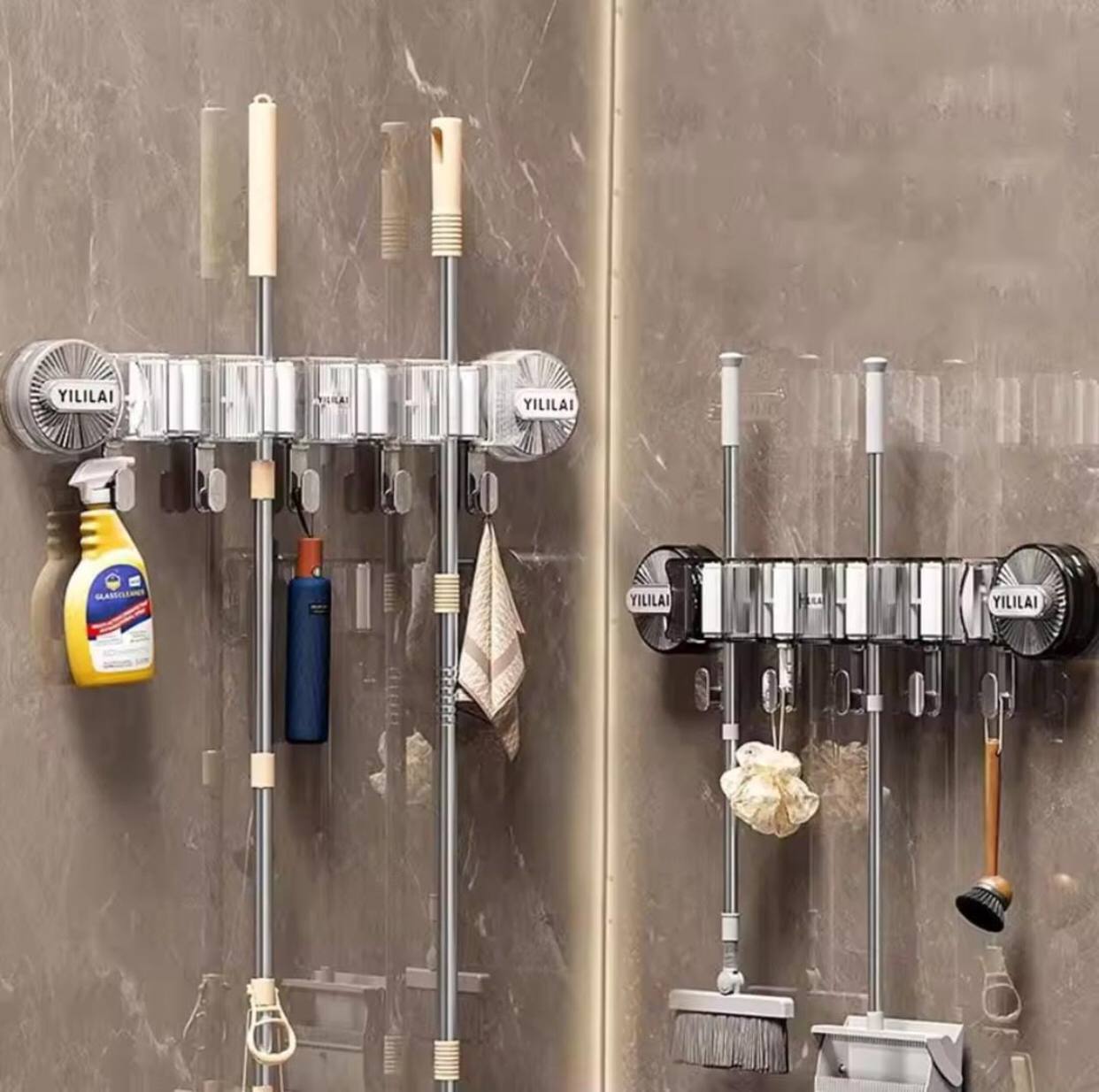 4-Holes Multi-Purpose Hooks Mop Hanger / Rack with  Hanging Hooks & Self adhesive Stickers