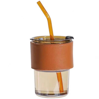 Gorgous slub glass smoothie cup with STRAW and leather cover now available