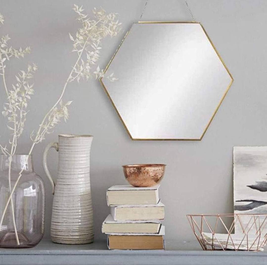 Hanging Wall Mirror Geometric Hexagon Wall Decor Mirror with PU Leather Chain