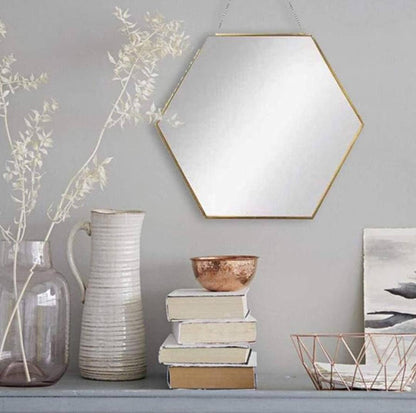 Hanging Wall Mirror Geometric Hexagon Wall Decor Mirror with PU Leather Chain