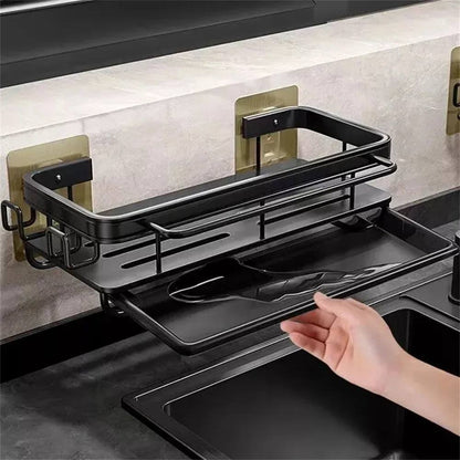 Metallic Sink caddy with a draining tray & towel hanger