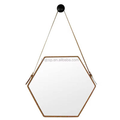 Hanging Wall Mirror Geometric Hexagon Wall Decor Mirror with PU Leather Chain