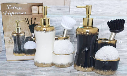 Combined 3 level ceramic lotion / soap dispenser with 2 slots brush and wash pad