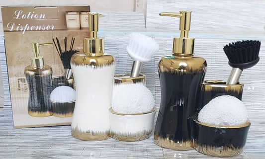 Combined 3 level ceramic lotion / soap dispenser with 2 slots brush and wash pad