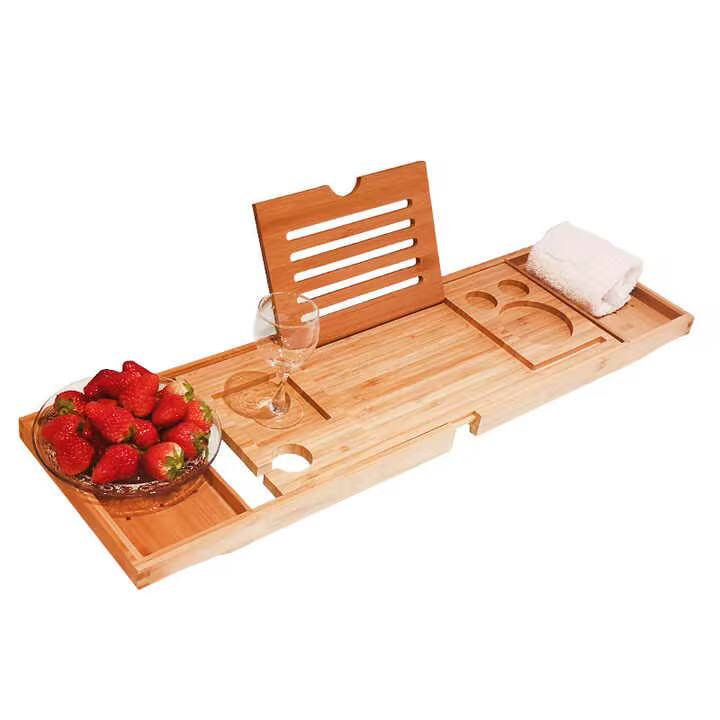 Expandable Bamboo Bathtub Caddy Tray / Breakfast Bed Table with Stands