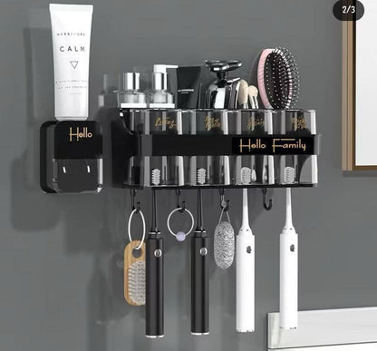 Hello family branded wall mounted toothbrush toothpaste dispenser set (4 cups 4 brush 4 slots 4 hooks 1 toothpastedispenser)