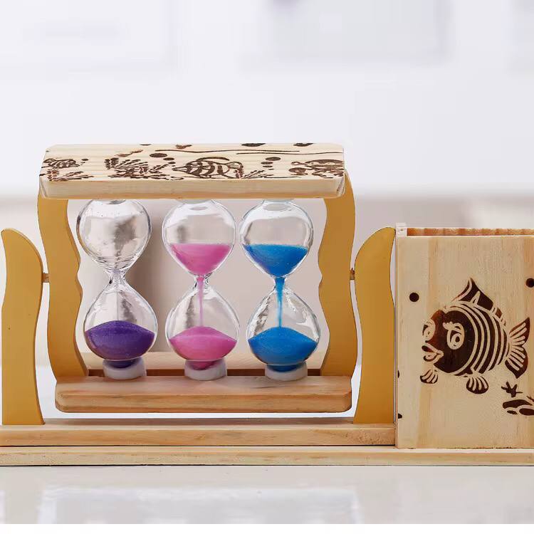 Handicraft Wooden Pen Stand with 3 Hourglass Timer