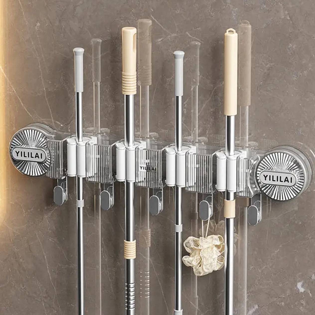 4-Holes Multi-Purpose Hooks Mop Hanger / Rack with  Hanging Hooks & Self adhesive Stickers