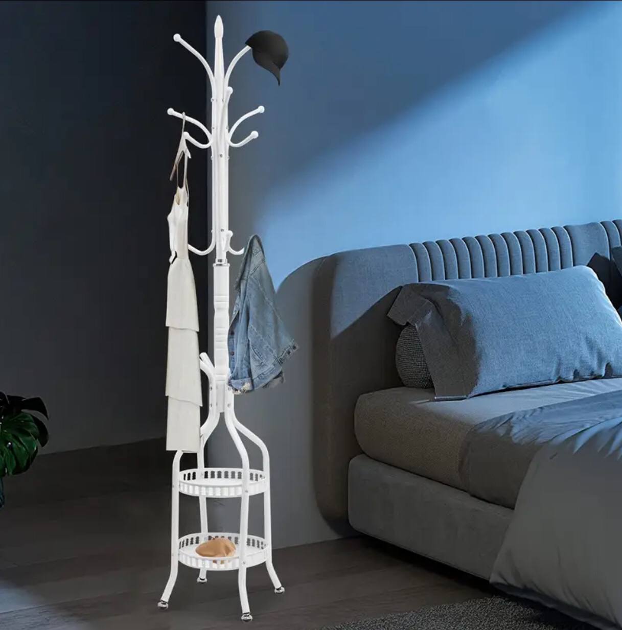 Heavy duty wrought iron coat/handbag floor-standing rack