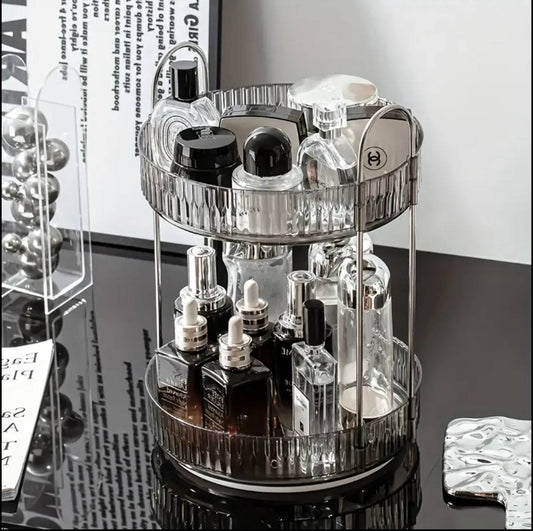 360 DEGREE 2 TIER ROTATING  MULTIFUNCTIONAL TRANSPARENT MAKEUP/COSMETIC ORGANIZER.