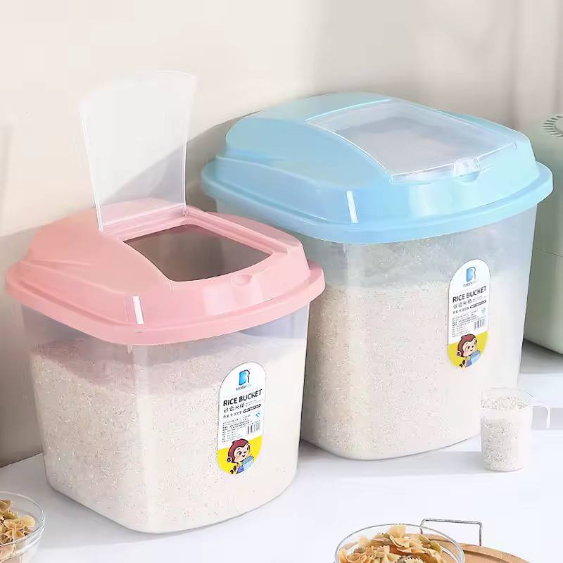 Plastic Cereal / Rice buckets now available in blue and peach cover options; 2 bucket options (white or clear); 2 size options