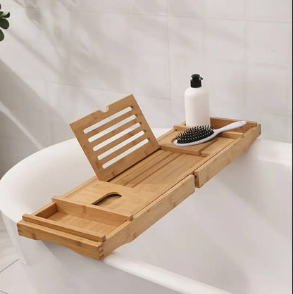 Expandable Bamboo Bathtub Caddy Tray / Breakfast Bed Table with Stands