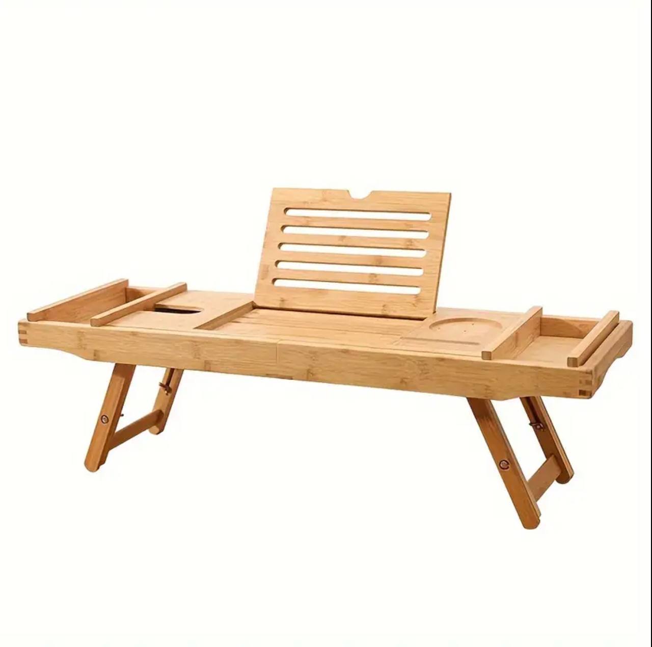 Expandable Bamboo Bathtub Caddy Tray / Breakfast Bed Table with Stands