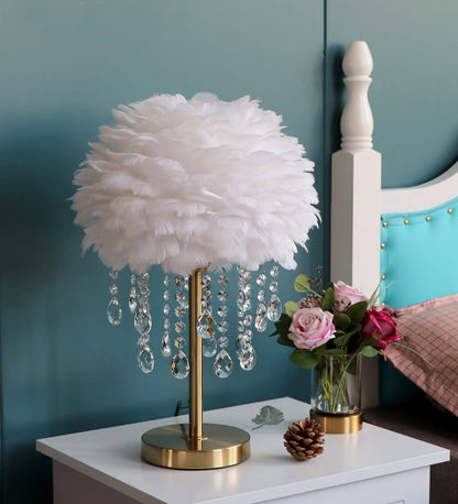 Nordic Feather Crystal Table Lamp Bedroom Ins Girl Warm BNordic bedroom featheredside Lamp Creative Luxury Romantic Feather Lamp