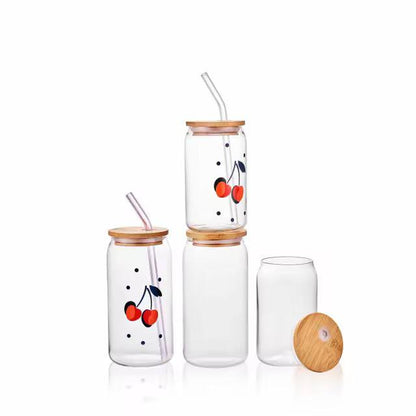 500ml Glass Cup With Lid and Straw