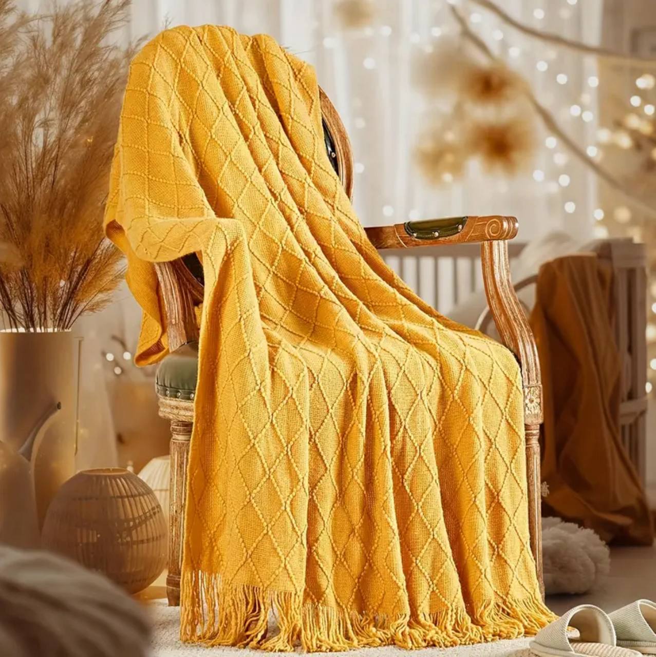 Knitted Throw Blanket With Tassel