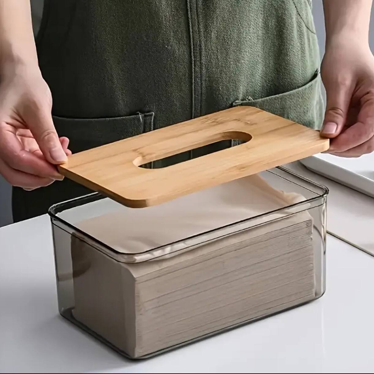 Acrylic transparent serviette holder with bamboo cover