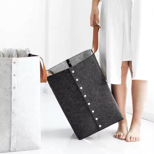 Foldable laundry basket with leather handles