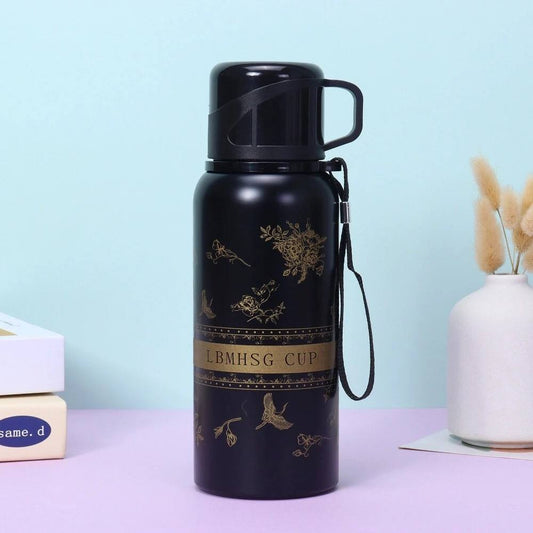 600ml Capacity black flower cup Vacuum flask