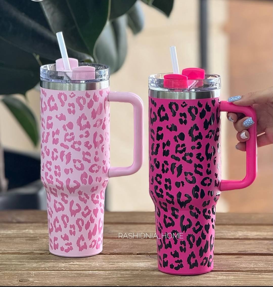 1200ml Large Capacity Vacuum Insulated Stainless Steel Tumbler,chui/Leopard Print, with Handle, Light Pink Leopard