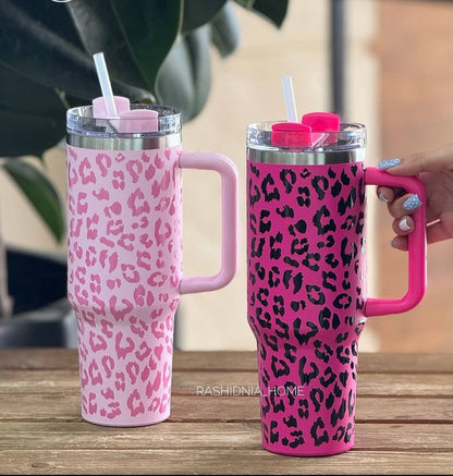 1200ml Large Capacity Vacuum Insulated Stainless Steel Tumbler,chui/Leopard Print, with Handle, Light Pink Leopard