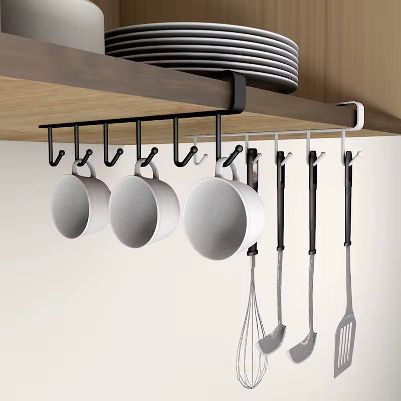 Iron 6 Hook Storage Shelf Wardrobe Cabinet Metal Under Shelve Mug Cup Hanger Bathroom Kitchen Organizer Hanging Rack Holder
